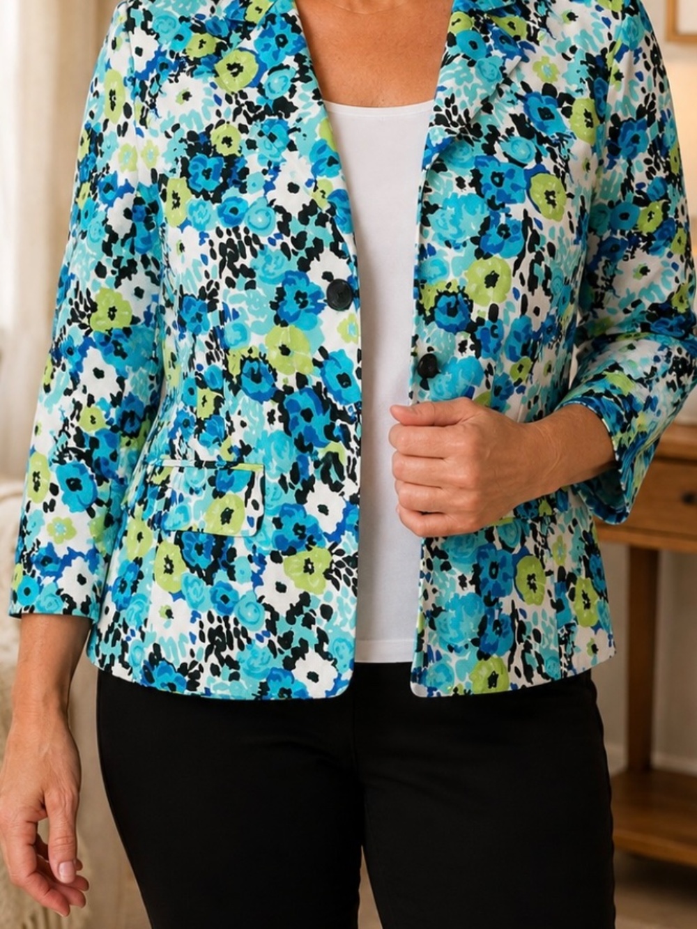 Kim Rogers Women's Floral Lined Blazer Size Large Jacket Blue Green 3/4 Sleeve